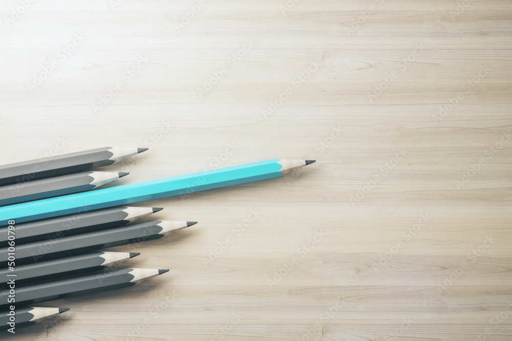 Poster concept of creativity, innovation, idea, crisis management and solution. one blue pencil standing ou