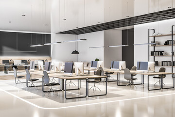 Sunny stylish minimalistic interior design co-working office with light glossy ceiling and floor, wooden table surfaces, modern computers and black decoration. 3D rendering