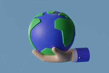 Sustain earth / Earth day concept: Cartoon style hands model holding a planet earth on blue background. 