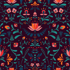 Floral seamless pattern based on traditional Hungarian embroidery. Vector texture with flowers and leaves on a dark background. Print for souvenirs, textiles, fabrics. - 501061338