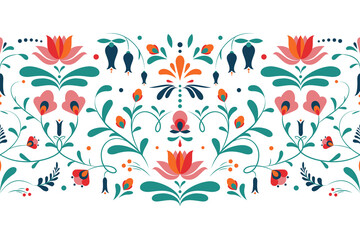 Floral ornament based on traditional Hungarian embroidery. Horizontal seamless pattern with flowers and leaves on a white background. Vector floral texture, border, print for souvenir products.