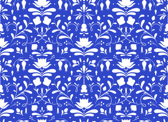 Floral seamless pattern on a blue background. Vector texture with flowers and leaves for websites. Print for souvenirs, textiles, fabrics, home decor. - 501061342