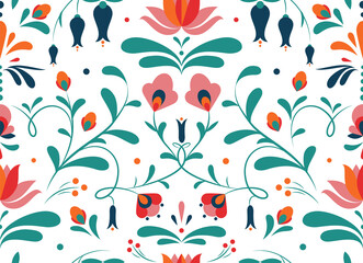 Seamless texture with flowers and leaves. Floral ornament based on traditional Hungarian embroidery. Vector pattern for souvenirs, textiles, fabrics, home decor. - 501061345