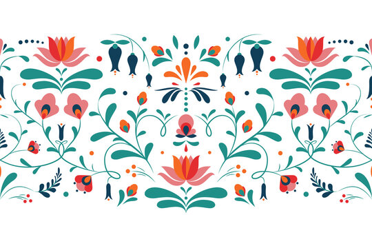 Floral ornament based on traditional Hungarian embroidery. Horizontal seamless pattern with flowers and leaves on a white background. Vector floral texture, border, print for souvenir products.
