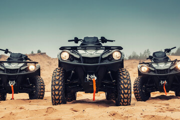 Quad bikes at the sands of a desert. Off road dirt bikes parked at the middle of desert. Rental...