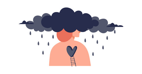 Sad lonely faceless woman without a heart with her head in the rainy clouds. The concept of psychological assistance to adolescents, depressive disorder, psychological problems, childhood trauma. Flat