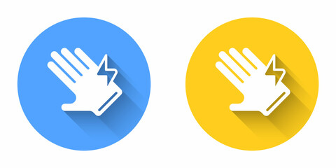 White Electric glove icon isolated with long shadow background. Safety gloves, hand protection. Circle button. Vector