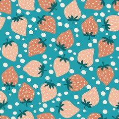 Vector Strawberry colorful pattern on a dark background. Seamless background of Bright, multi-colored garden berries. Cheerful design for textiles, wallpaper and packaging.