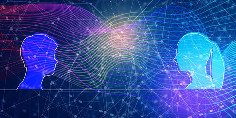 Man and woman silhouettes looking at each other.