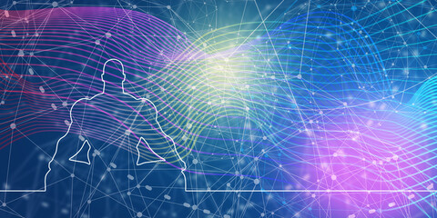 Obraz premium Muscular man sit in meditation pose. Thin lines