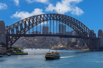 Sydney Harbour Australia with nice colours in the sky. Nice blue water of the Harbour, high rise offices and residential buildings of the City in the background, NSW Australia