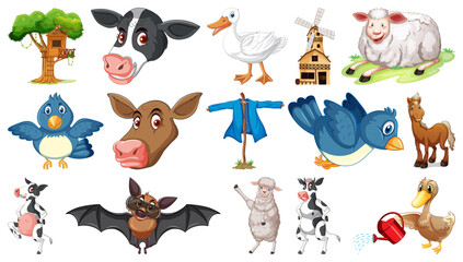 Farm animals on white background