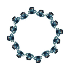 Round frame of teal coffee cups with saucers, isolated on white. Watercolor illustration. For cards, invitations, menu, scrapbooking, stationery and packaging design