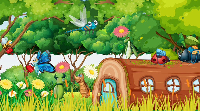 Nature scene with cartoon insects