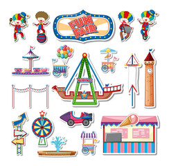 Sticker set of amusement park objects and cartoon characters