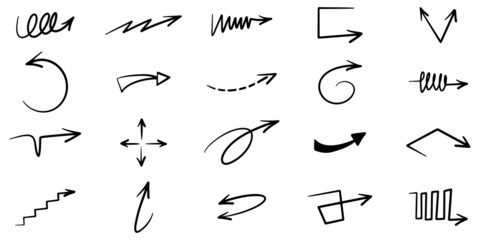 hand drawn arrow icon set isolated on white background. Doodle vector illustration.