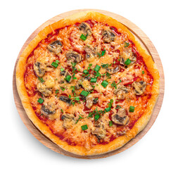 Pizza with mushrooms, tomatoes, cheese and herbs is isolated on a white background. Top view