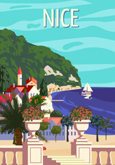 Nice French Riviera coast poster vintage. Mediterranean Resort, coast, sea, palms, beach. Retro style illustration vector - obrazy, fototapety, plakaty