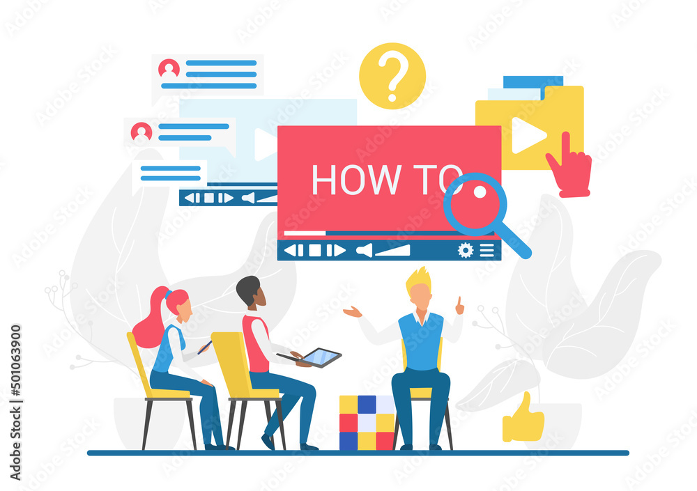 Poster Digital interactive guidance video tutorials. Screencast supporting and helping recording presentation