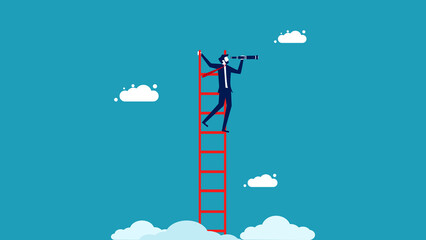 Ladder of success. Search for business opportunities. Businessman walking up stairs looking through binoculars with vision