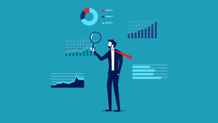 Business analysis. business holding magnifying glass to analyze graphs and charts