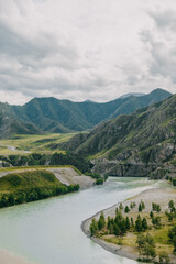 Confluence of Chuya and Katun rivers in Altai mountains, Siberia, Russia. Summer landscape. Famous tourist destination