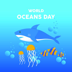 Shark with beautiful tropical fish around them. World Ocean Day. Colored vector illustration.