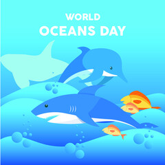 Shark, Dolphin and tropical fish in Ocean. World Ocean Day. Colored vector illustration.