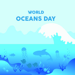 Silhouette of algae, reefs, fishes live in the sea and iceberg . World Ocean Day. Colored vector illustration.