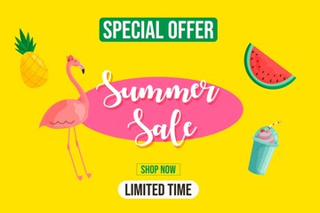 Summer sale banner. Special tropical offer. Flat vector illustration