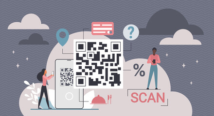QR code scan for payment. Tiny people with mobile phone scanner app pay online and buy, man and woman characters transfer money with barcode tech sign on cellphone screen flat vector illustration