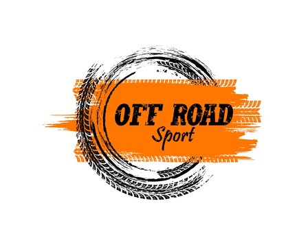 Offroad Sport Grunge Banner. Tire Tracks Of Race Car Or Motorcycle Wheels. Mud Road Tyre Tread Marks And Dirt Trails Of Rally Truck, Auto And Bike, Drift Show And Motocross Off Road Sport