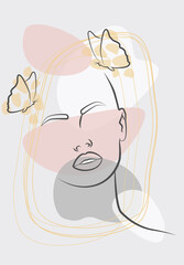 A face with a butterfly. Continuous face line, face painting, fashion concept, minimalistic female beauty. Beautiful vector illustration. A modern portrait.