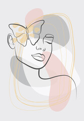 Abstract face with a butterfly. Fashionable print. Minimalist female beauty. Continuous line, drawing of established faces and hairstyles, fashion concept, minimalist female beauty. A modern portrait.
