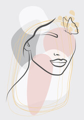 A woman's head with a composition in the form of a butterfly. Hand-drawn vector linear art illustration. Drawing in the style of one line.