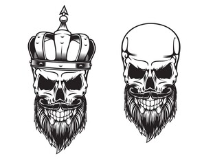 Fototapeta Bearded skull in crown, tattoo of vector dead king skeleton head with black beard and mustache, evil smile and medieval royal crown. Isolated monochrome crowned human skull t-shirt print or tattoo obraz