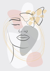 Drawing in the style of one line. A woman's face with a composition in the form of a butterfly. Hand-drawn vector linear art illustration.