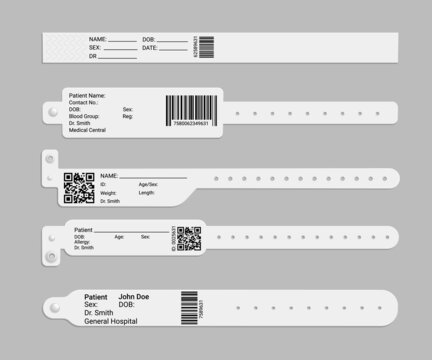 Medical hospital wristband or bracelet mockup. Patient identification id vector hand band, isolated realistic white paper, plastic or rubber tags with qr or bar codes, names of doctor and patient