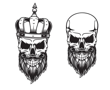 Bearded skull in crown, tattoo of vector dead king skeleton head with black beard and mustache, evil smile and medieval royal crown. Isolated monochrome crowned human skull t-shirt print or tattoo