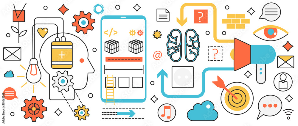 Aufkleber brainstorming digital technology. abstract process of work, search and ideas creation by brain, mind