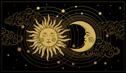 Mystical sky boho banner, golden sun and moon with a face on a black background. Magic print for astrology, tarot, witch, mysticism, yoga. Vector poster in vintage style. - obrazy, fototapety, plakaty