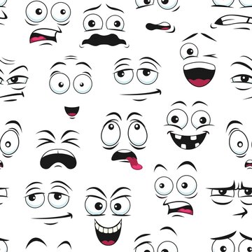Cartoon face expression pattern, funny smile eye and mouth characters, vector background. Happy cute and sad facial emotions and face expression emoticons, doodle pattern of comic emoji