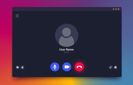 Videocall interface, vector ui of video chat call screen, laptop, desktop computer and mobile phone app. Online conference or webinar incoming videocall window overlay with user icon and buttons