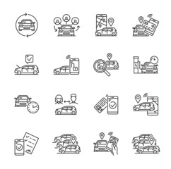 Car share service linear icons, taxi rent and vehicle sharing, vector car pool symbols. Carsharing or auto carpooling service line icons for passenger transport exchange and transport share app - obrazy, fototapety, plakaty