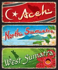 Aceh, North and West Sumatra indonesian regions plates and travel stickers. Indonesia province grunge tin sign, Asian travel retro vector postcard with crescent, sea landscape and rafflesia flower