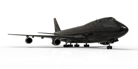 Large passenger aircraft of large capacity for long transatlantic flights. Black airplane on white isolated background. 3d illustration.