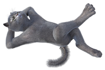 Gray anthropomorphic cat laying on its back with hands under the head. 3d render isolated on white