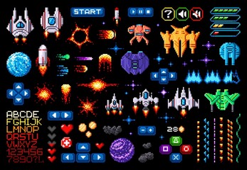 Space game asset 8bit pixel art galaxy planets, rockets, starcraft, font and pixelated game interface buttons. Vintage vector shuttles, fire, explosion, menu elements, heart, arrows, comets or meteors © Vector Tradition