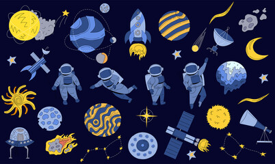 Space set. Vector abstract illustrations of an astronaut, planets, galaxy, asteroids, stars, telescope, shuttle, space station and tehnology. Science fiction drawing for poster, cover or background. - obrazy, fototapety, plakaty