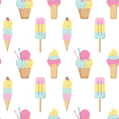 Cartoon tasty ice cream in pastel colors seamless pattern. Isolated on white background. Print with frozen creamy desserts, and waffles cones. Sundae ice scoops vector texture, holiday paper